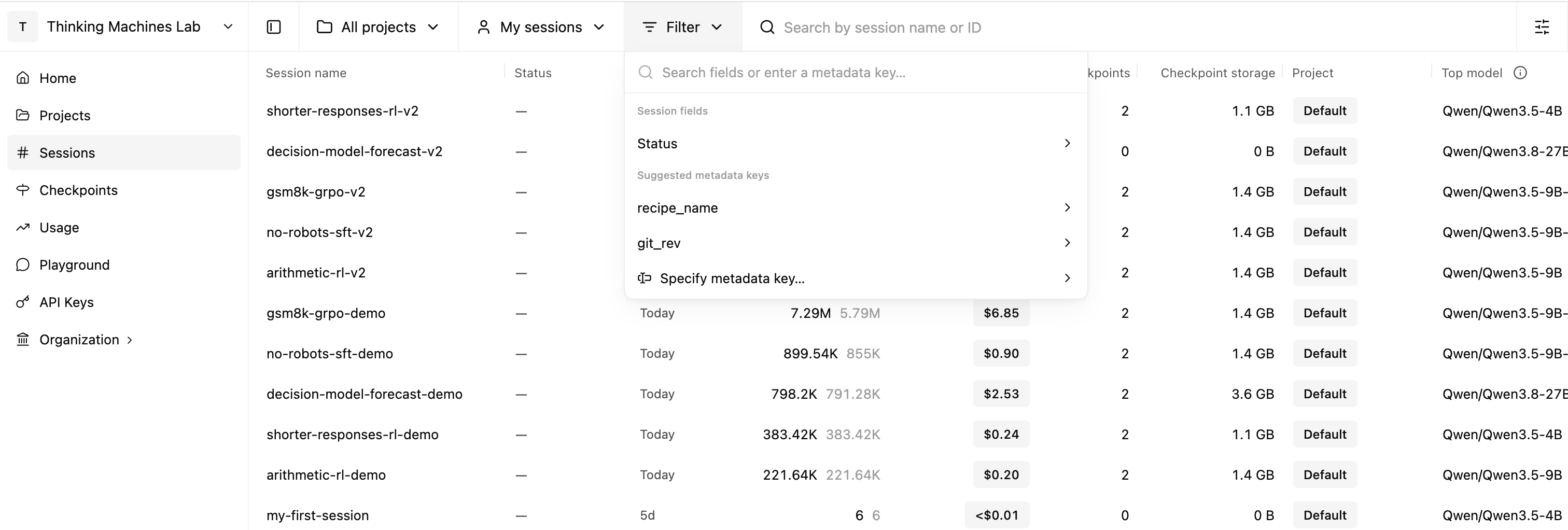 Sessions filter menu