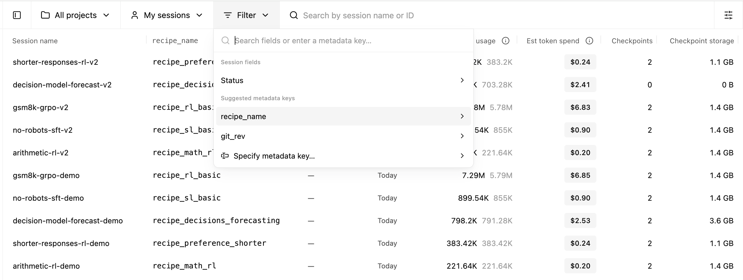 User Metadata Filter Menu