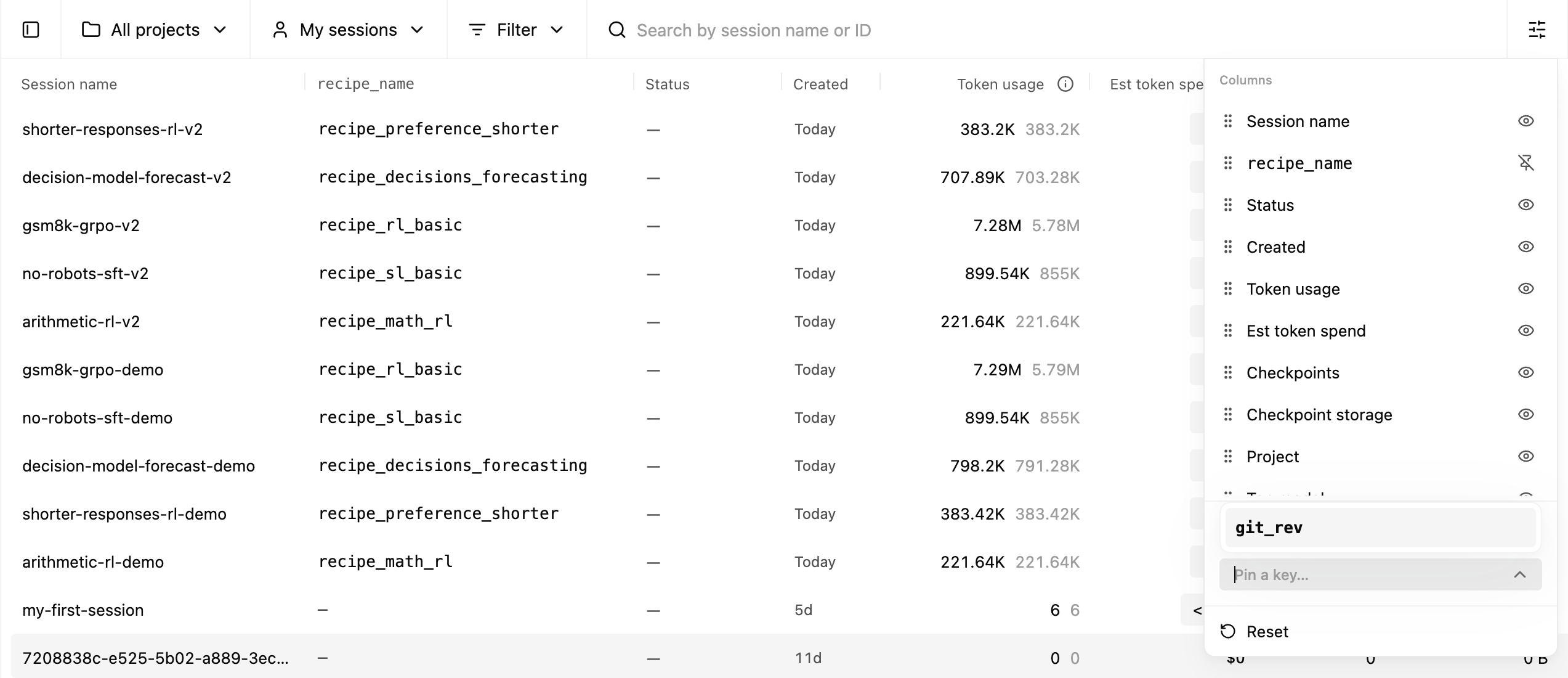 Pinning a user metadata key as a column from the columns menu